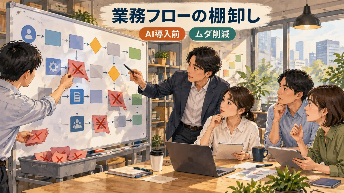 業務棚卸しにより不必要な確認手順を削減する様子を描いたイラスト