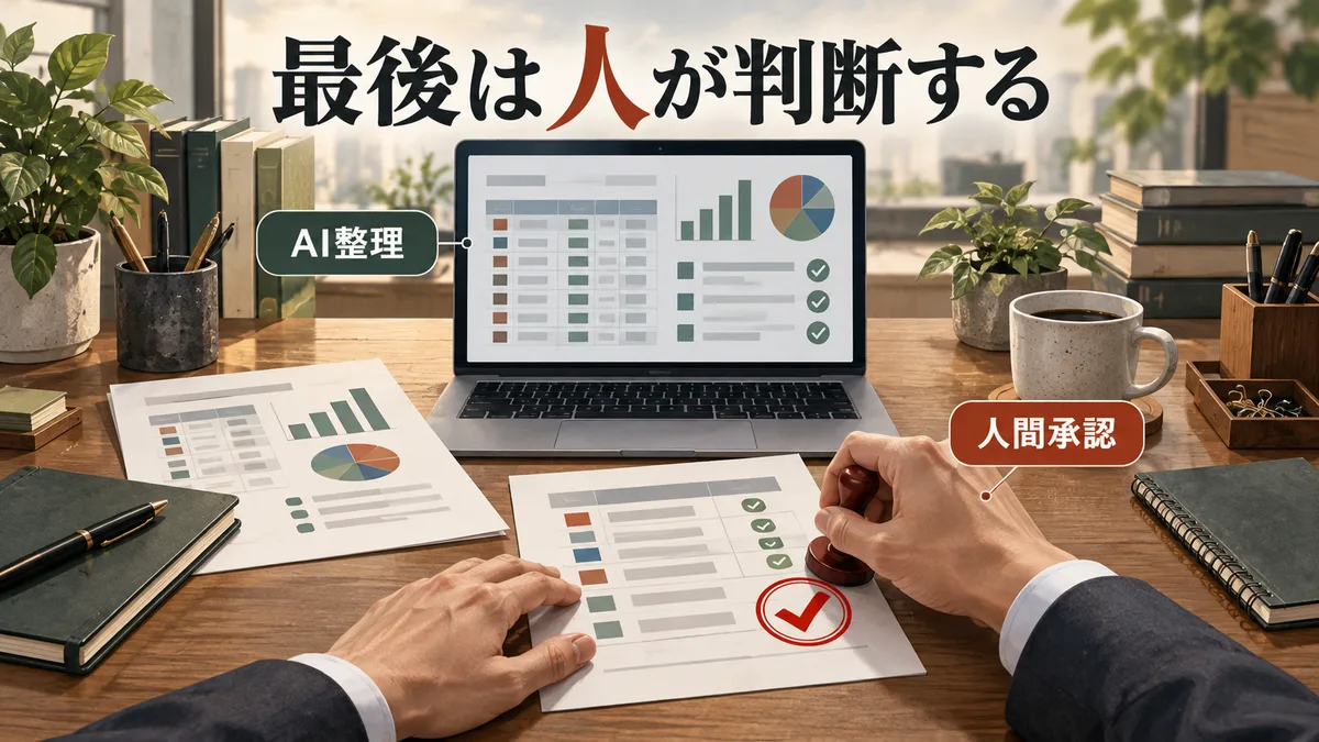 AIが整理した下準備データを人間が確認して最終決定するイラスト