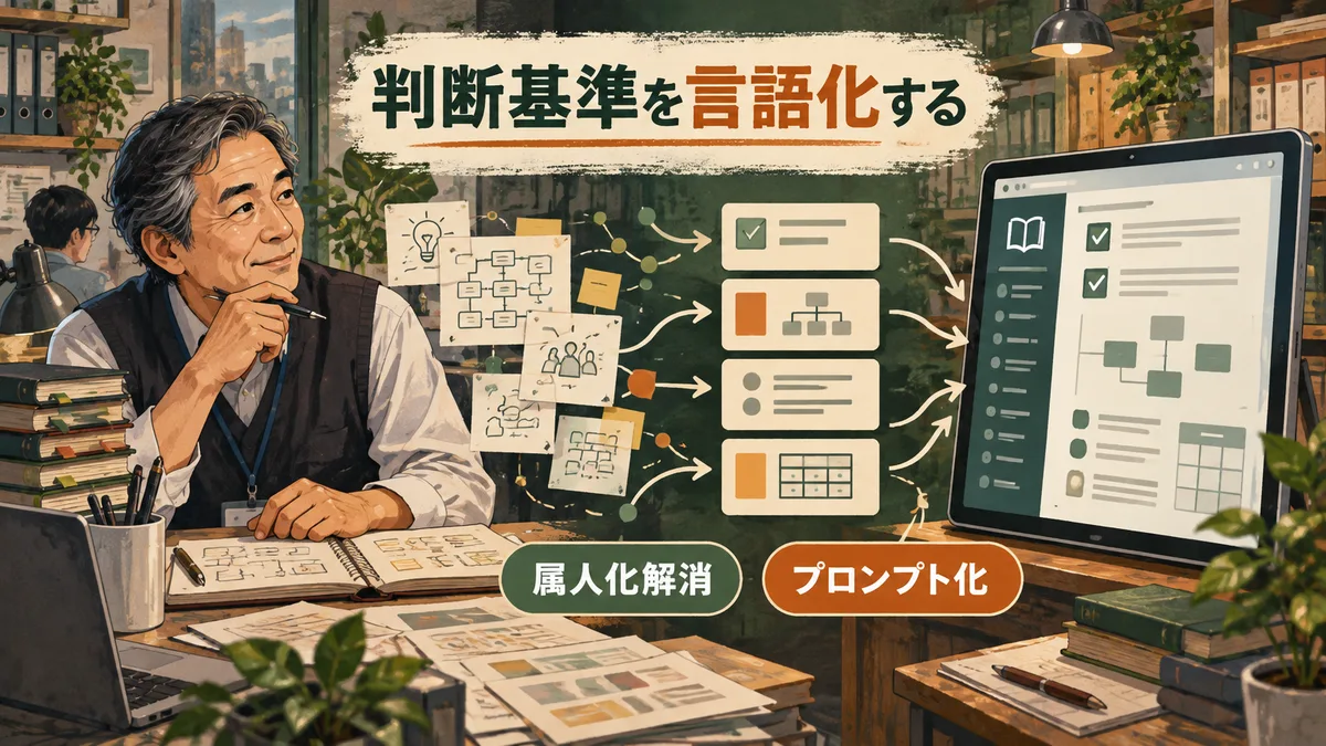 頭の中にあるノウハウを言語化してAI用ルールに落とし込むイラスト