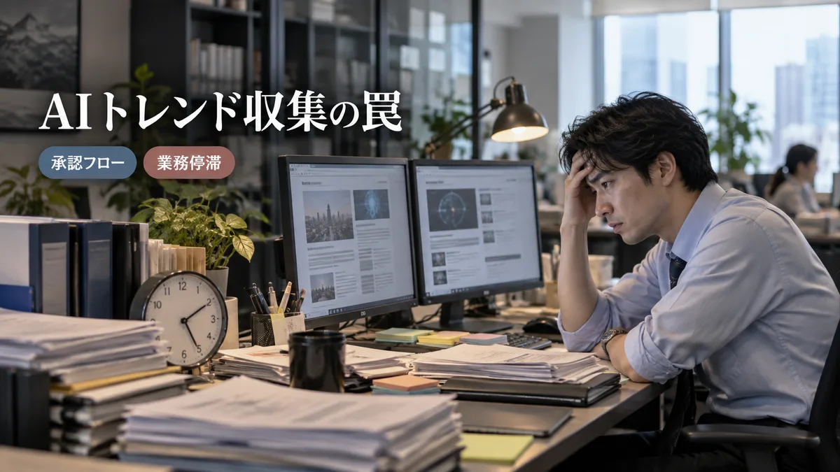 最新AI情報の検索に追われ手元の業務書類と確認待ちに苦慮するオフィスワーカー