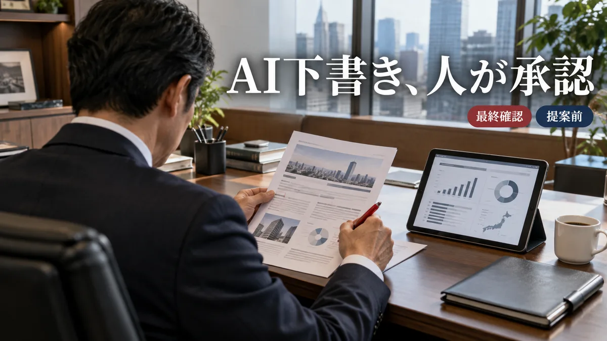 AIが生成した商談下書き資料を最終確認し赤字を入れる営業責任者