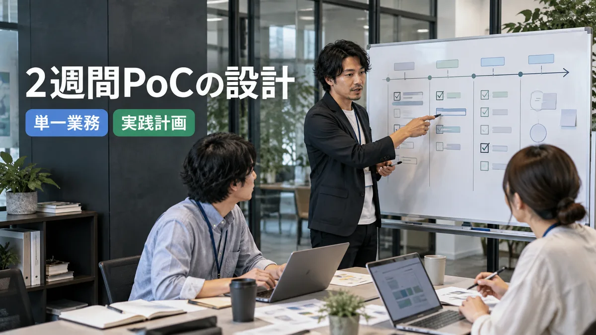 ホワイトボードを使って1業務に絞った2週間のAI検証計画を練るプロジェクトチーム
