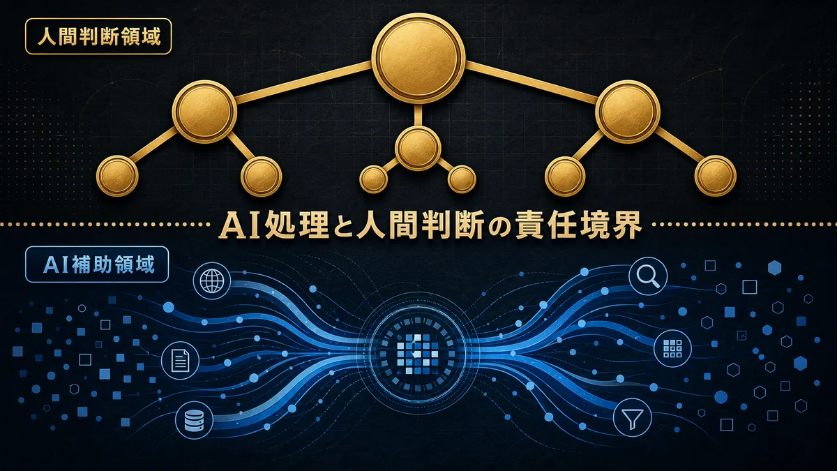 AIによるデータ整理と人間による意思決定の役割分担を示す階層図