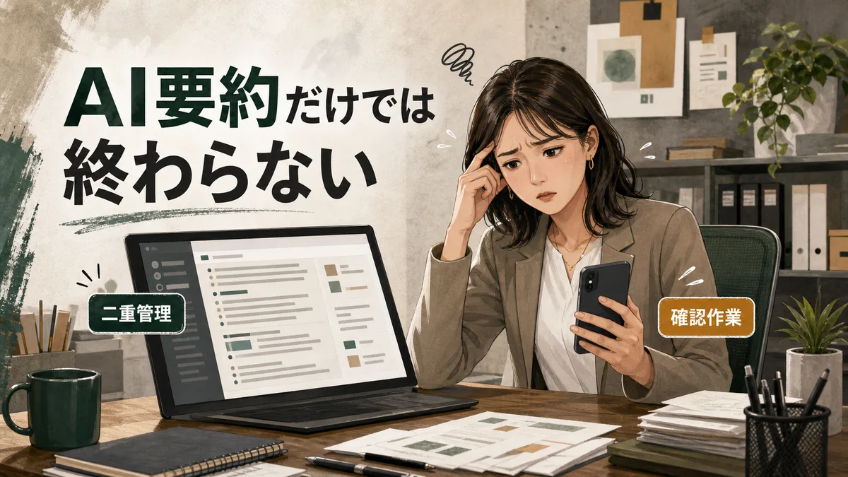 パソコンのAI要約とスマートフォンのSlack画面を見比べて困惑する担当者