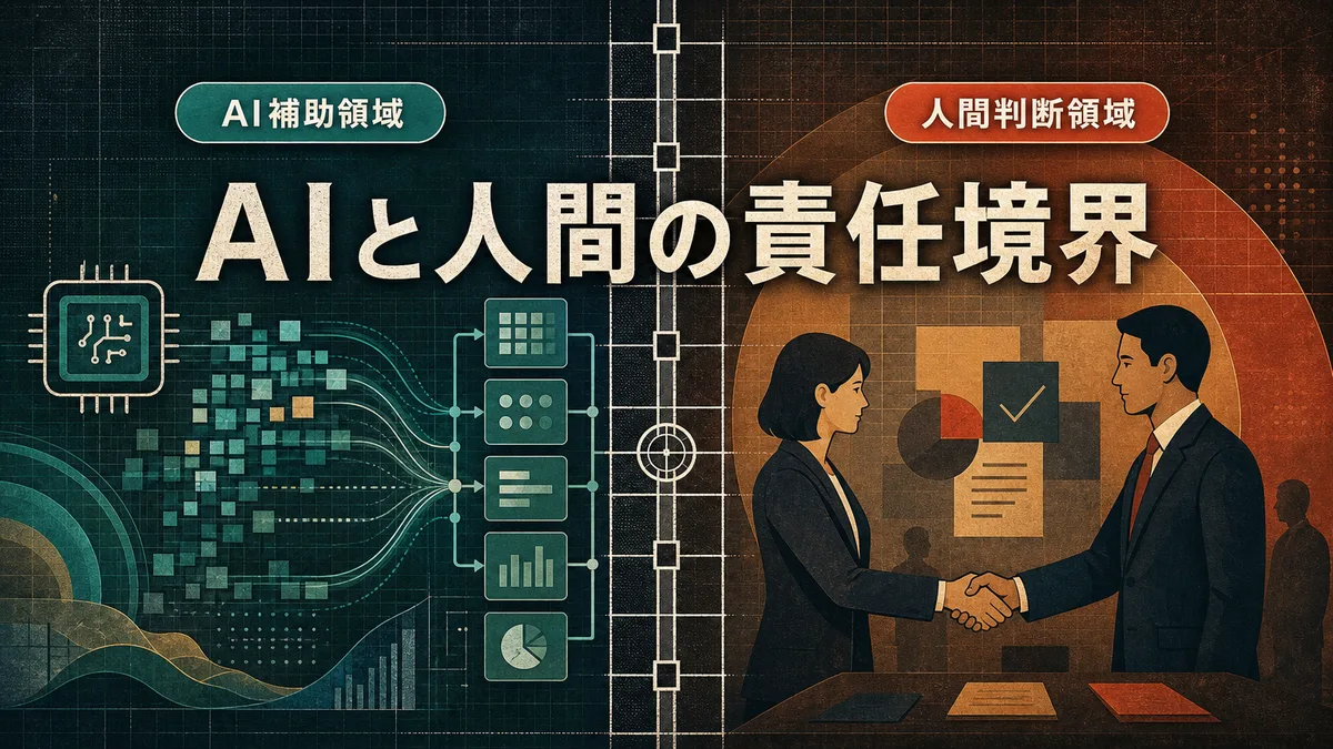 AIのデータ処理と人間の意思決定の責任分担を示す実務設計図