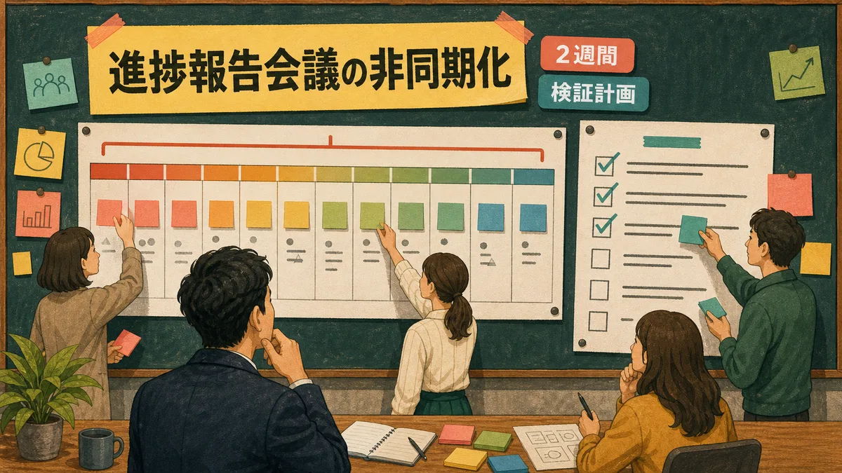 2週間の検証期間と進捗報告会議の非同期化タスクを示すボード