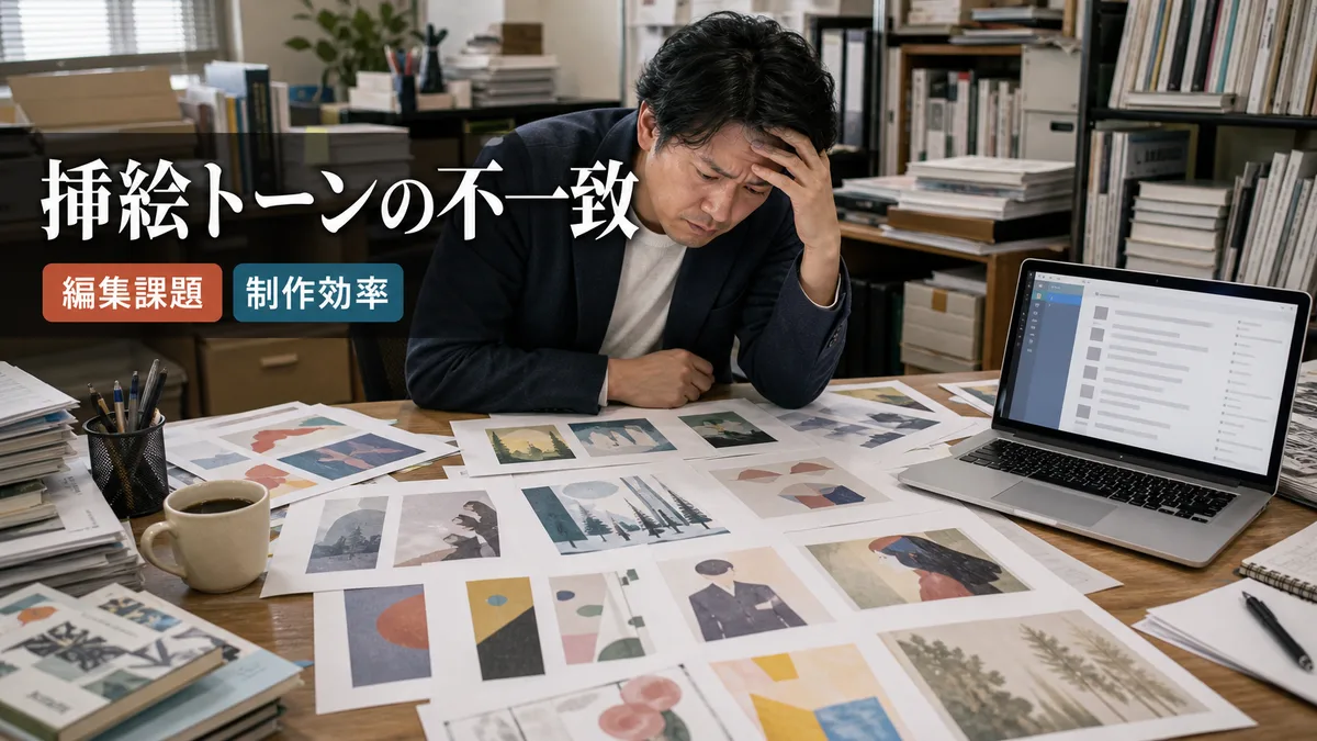 編集部で統一感のない挿絵のプリントアウトを見て悩む編集者の様子
