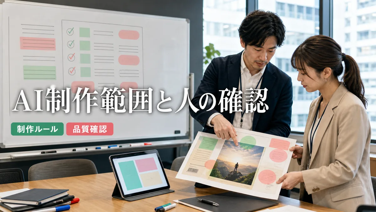 会議室で書籍カバーのレイアウトを指し示しながらレビュー基準を話し合う様子