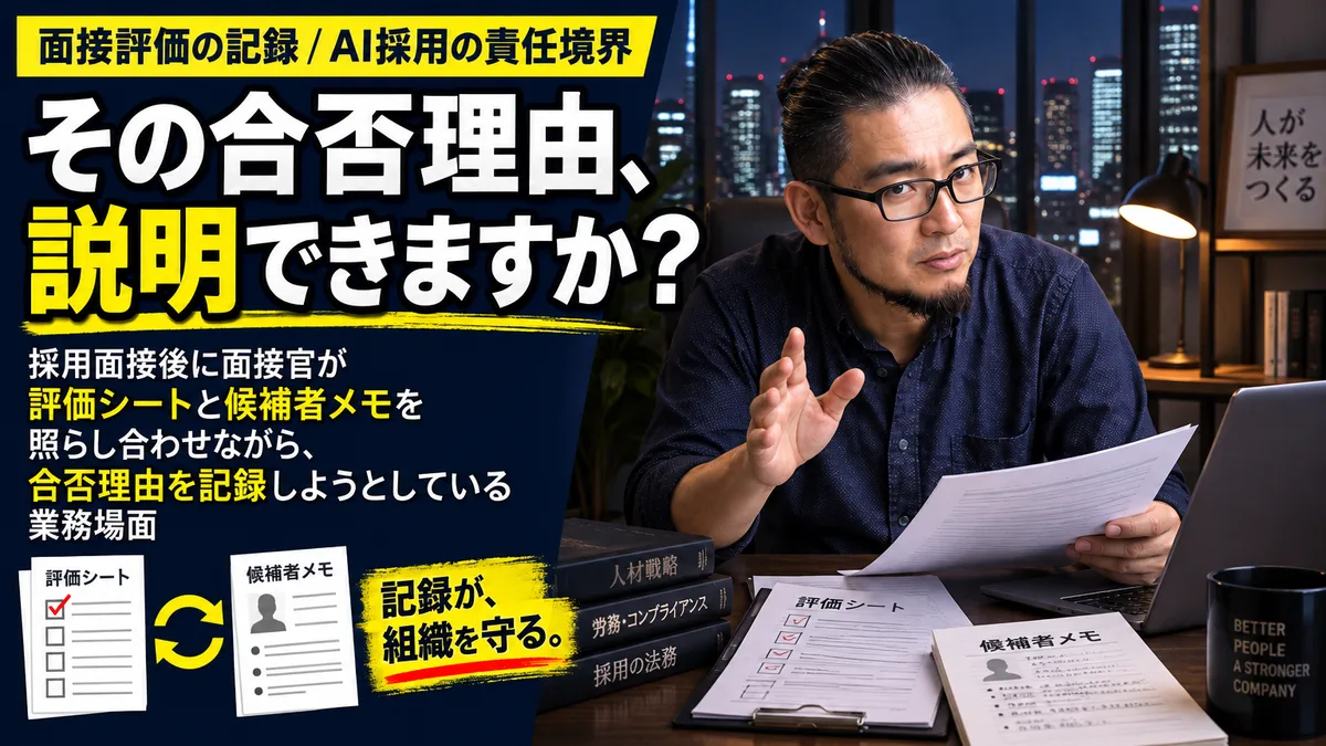 採用面接室で面接官が評価シートと候補者メモを照らし合わせて合否理由を記録している業務場面