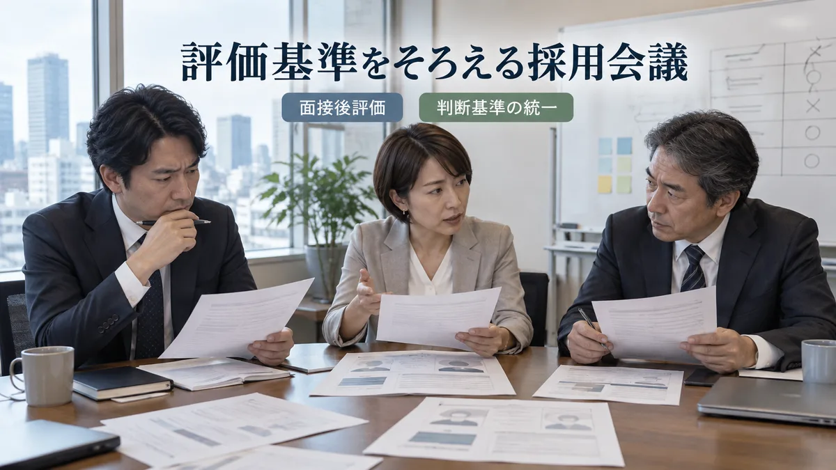 採用面接後の評価会議で面接官3名が評価シートを照らし合わせている業務場面