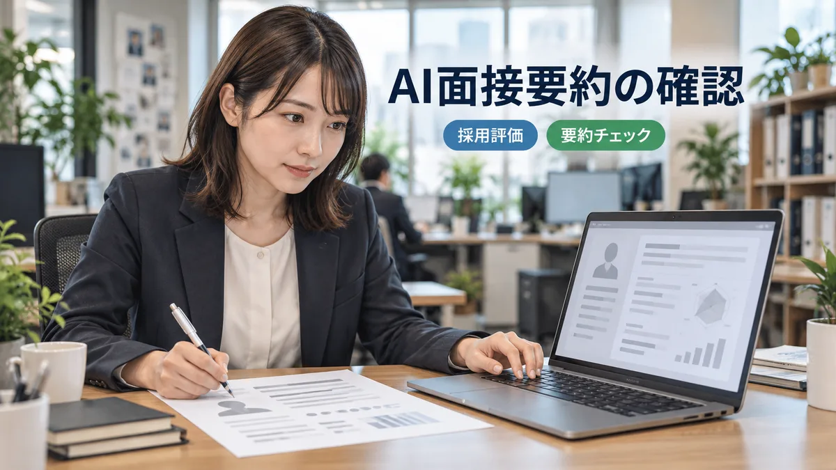 採用担当者がAI面接ツールの要約テキストを評価シートと照らし合わせて確認しているオフィスの業務場面