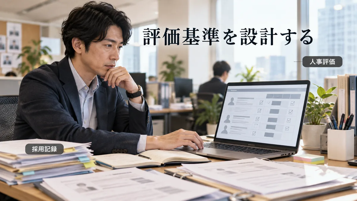 人事担当者がオフィスで評価シートのフォーマットを設計しながら過去採用記録を参照している業務場面