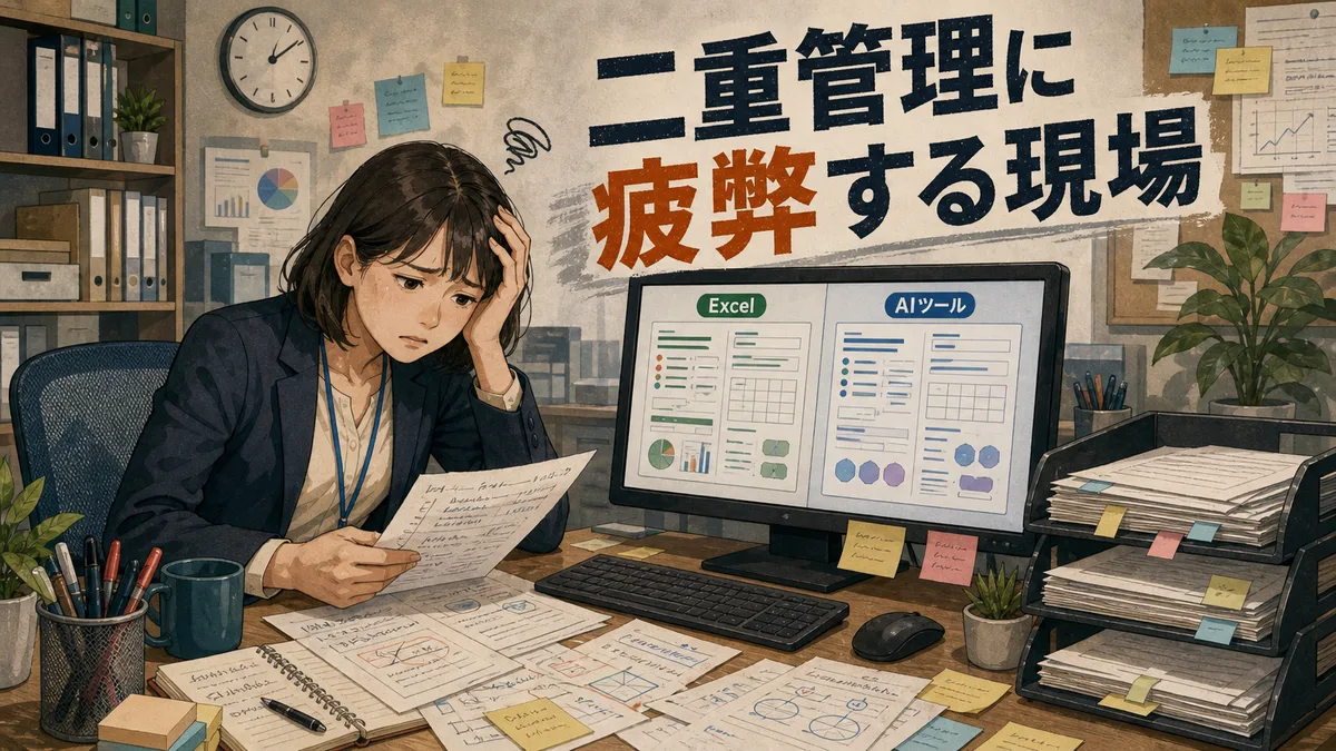 PC画面の前で二重の入力作業に悩み、確認待ちの書類を前にした採用担当者