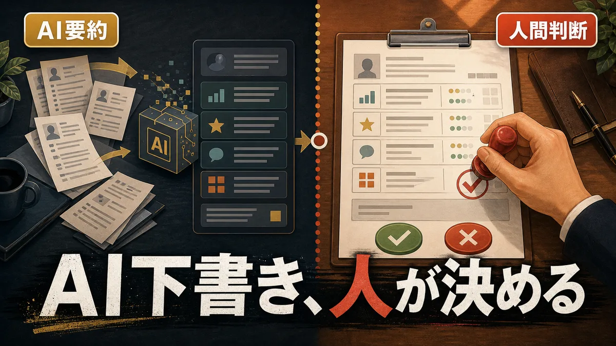 AIが整理した候補者の面接データを人間がレビューし、最終判断を下すプロセス
