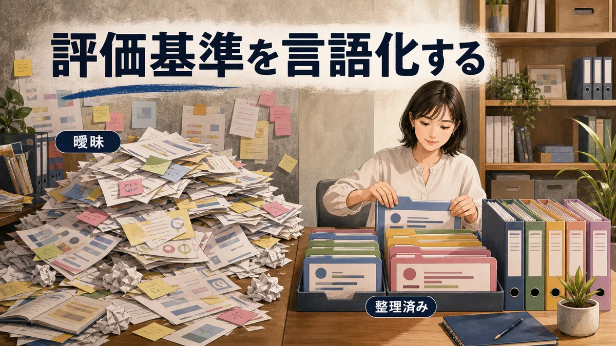 乱雑なメモから自社の明確な採用評価基準をフォルダに整理する人事担当者
