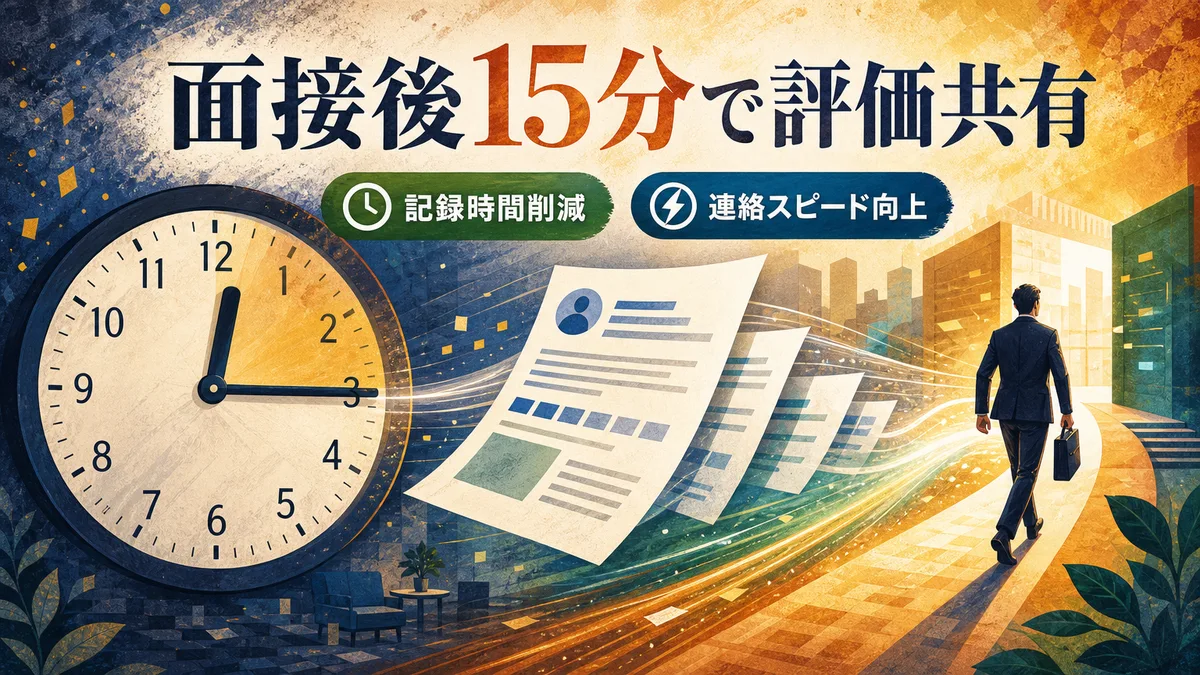 時計の針が進む中、AIが面接評価シートの下書きを素早く作成していく様子
