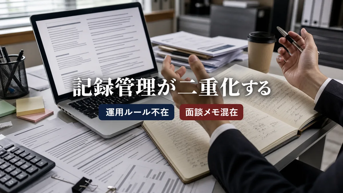 パソコンの文字起こし画面と手書きノートを前に困惑する採用担当者の手元