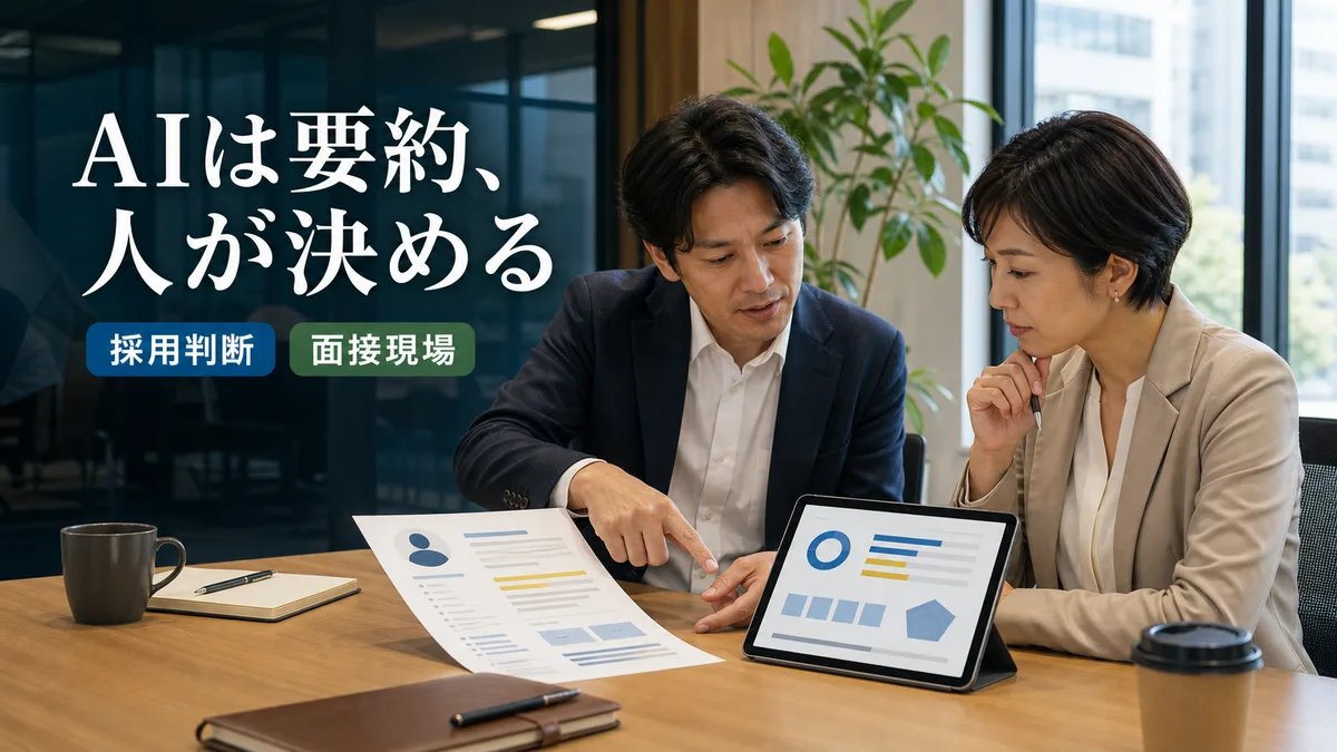 タブレットの要約情報を見ながら採用合否を議論する二人の面接官