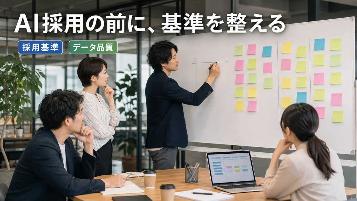ホワイトボードの前で採用評価の基準を整理する人事チーム