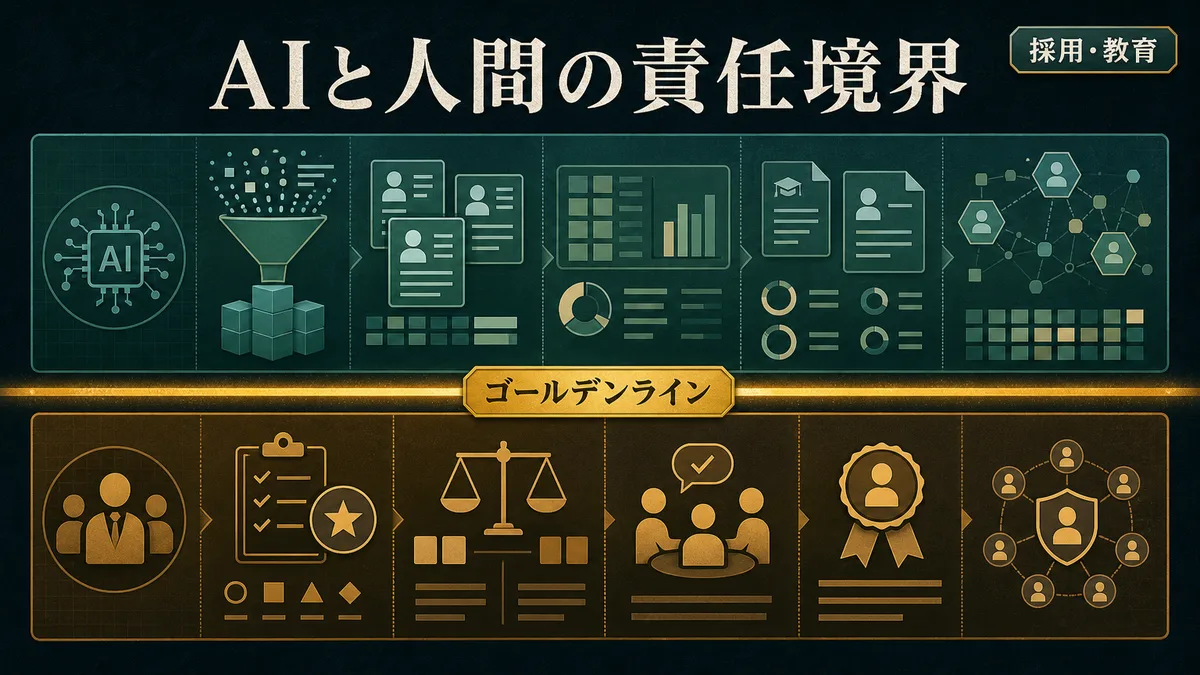 AIの整理領域と人間の判断領域を分ける役割分担のレイヤー図