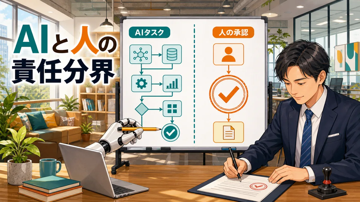 AIの自動下書き作成と人間による最終判断の責任境界を示す組織図