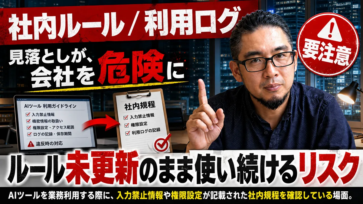 会議室でAI利用規程の書類とノートPCを確認するバックオフィス担当者