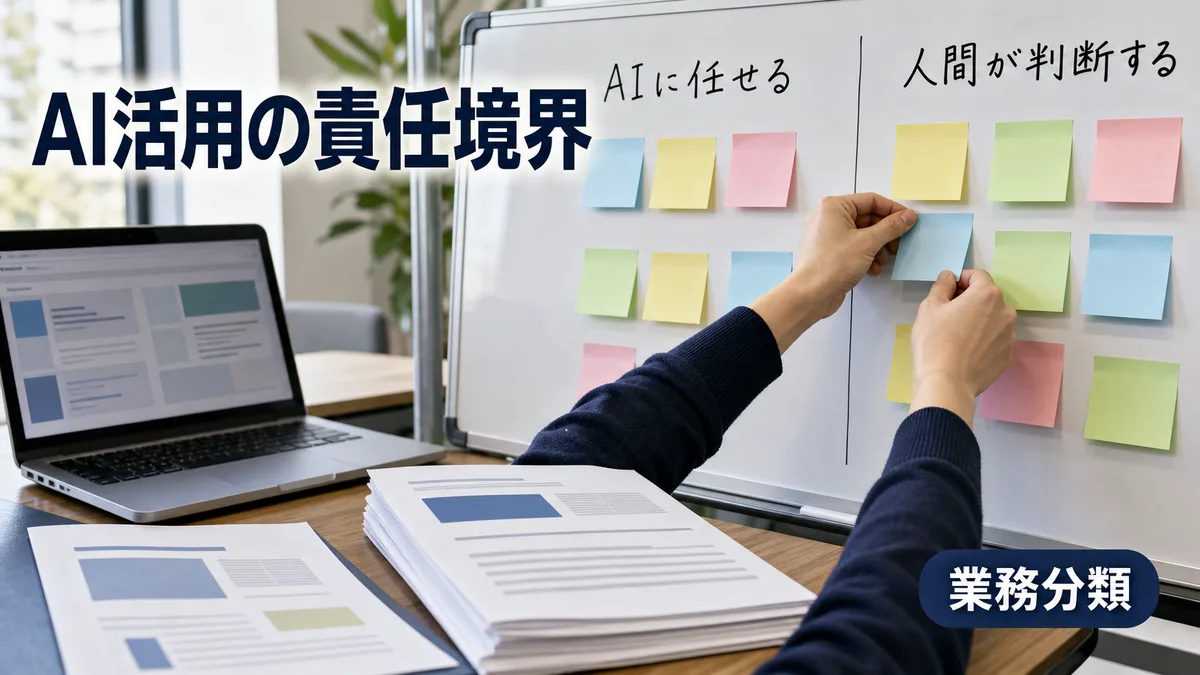 オフィスのホワイトボードにAI業務の責任境界を分類する付箋を整理する担当者