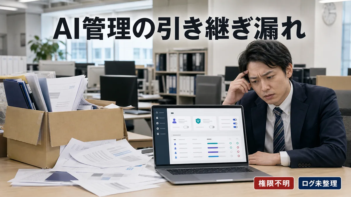 AIツールの利用ログ引き継ぎができず管理画面を確認する後任担当者