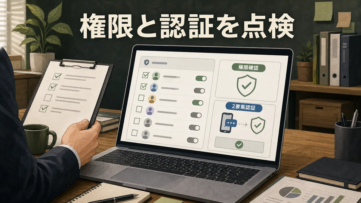 担当者がノートパソコンでアクセス権限一覧と二要素認証の設定状況を確認している
