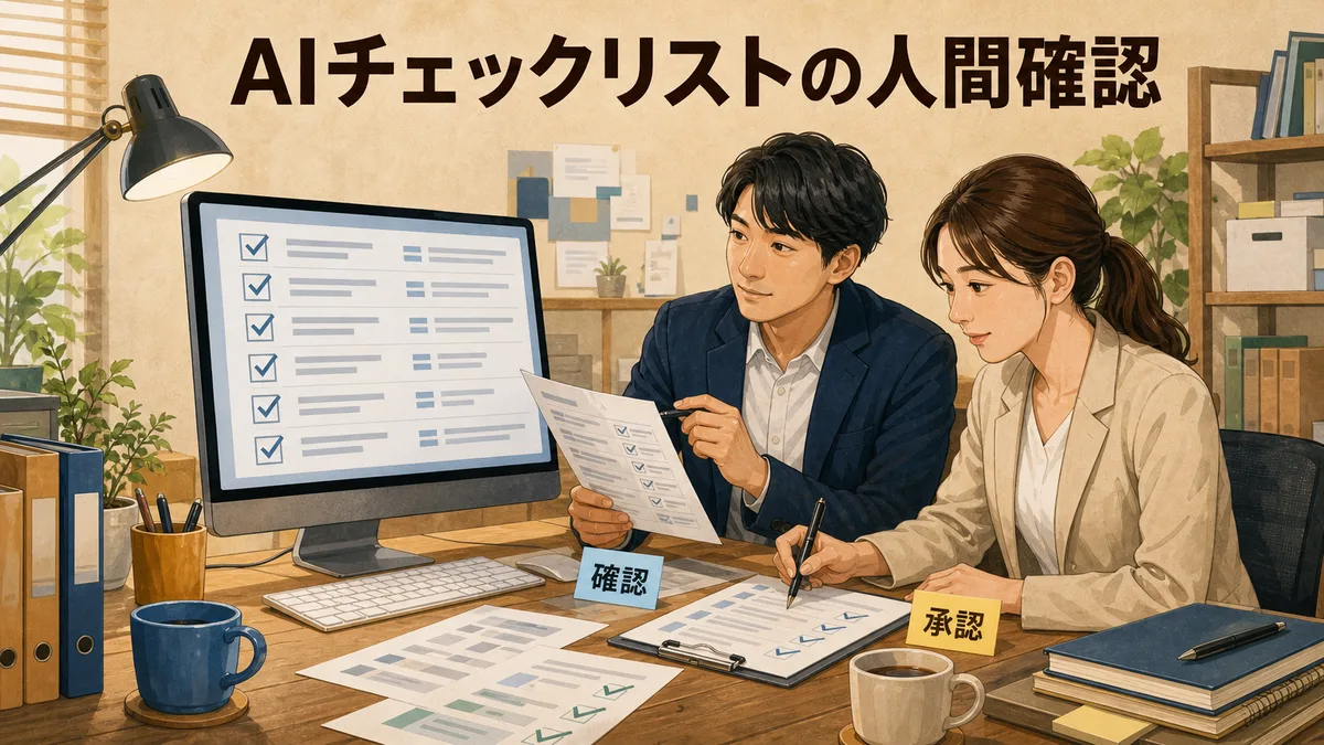 担当者2名がAI出力のセキュリティチェックリストを画面で確認し作業を分担している