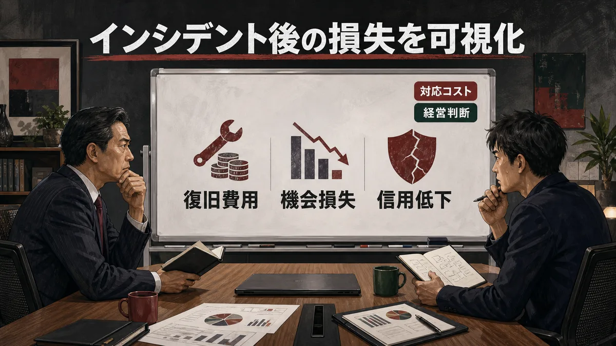 会議室でホワイトボードのセキュリティ損失リストを管理職と担当者が確認している