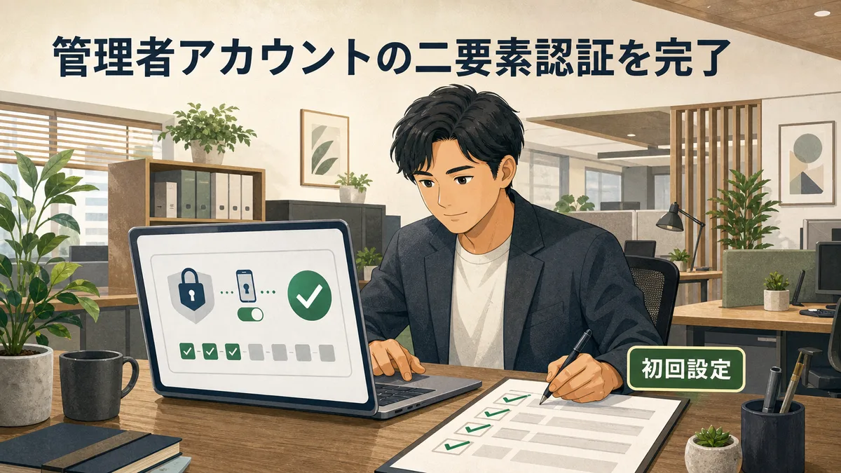 担当者1名が管理者アカウントの二要素認証設定を完了させながらチェックシートに記録している