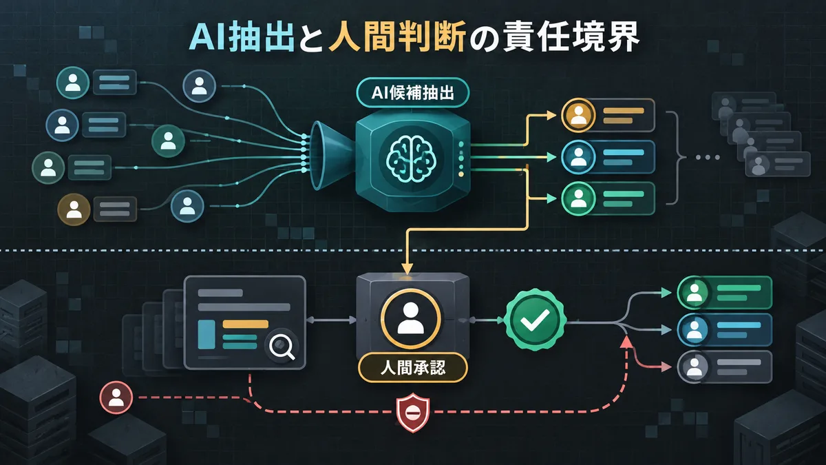 AI候補抽出レイヤーと管理者承認ゲートの二層構造で権限停止の責任境界を示したフロー図