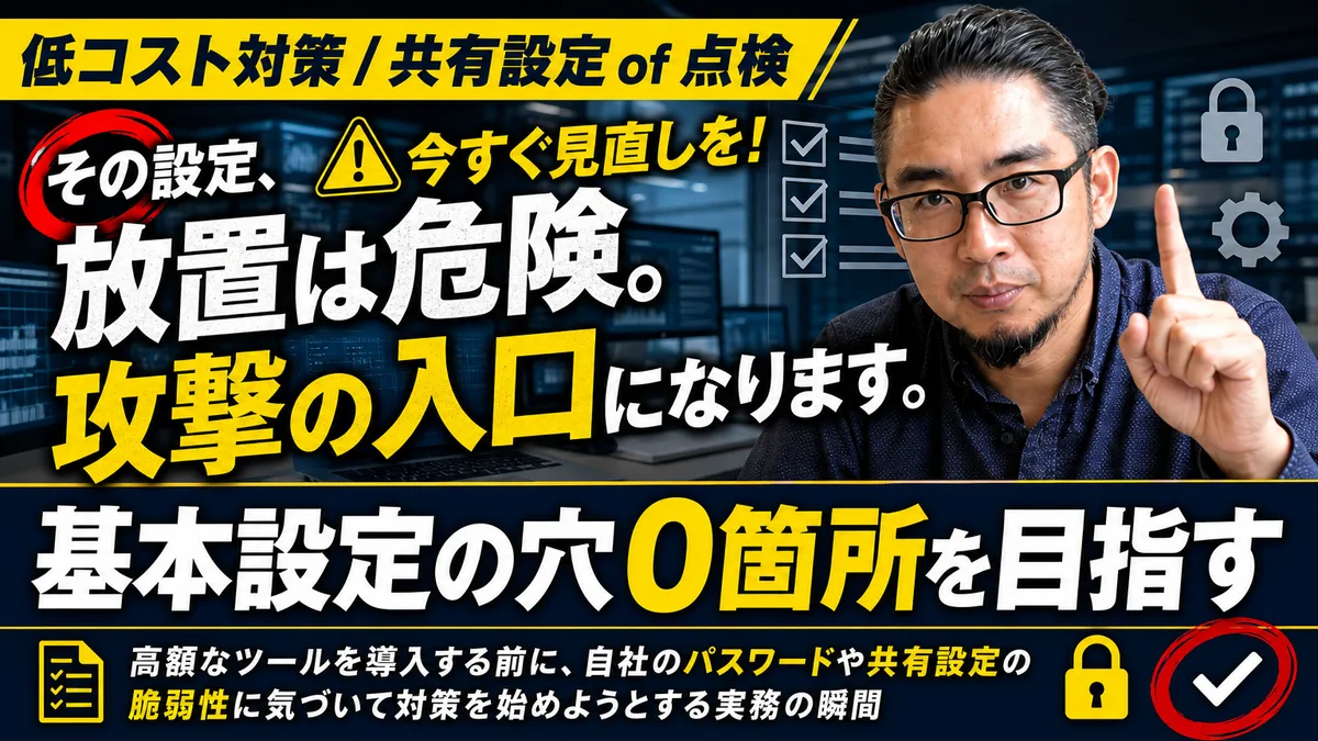 暗めのオフィスでセキュリティ設定のチェックリストを手にPC画面を確認する男性社員
