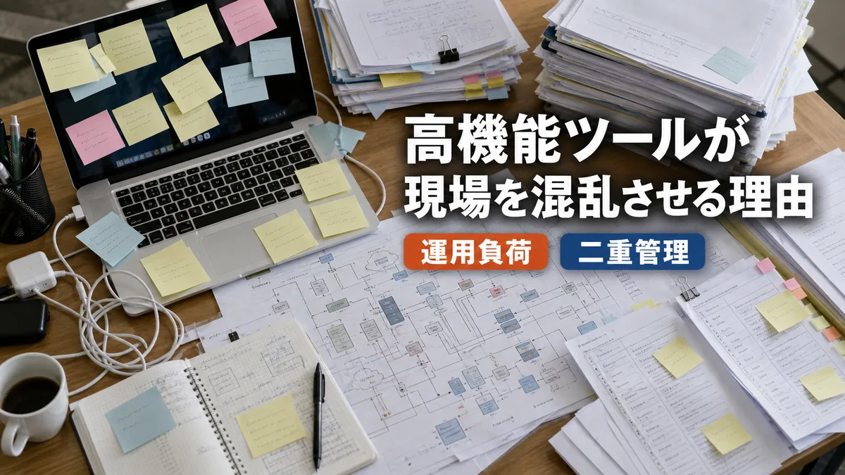 高度なツールを導入したものの運用が追いつかず雑然としたデスク上の様子