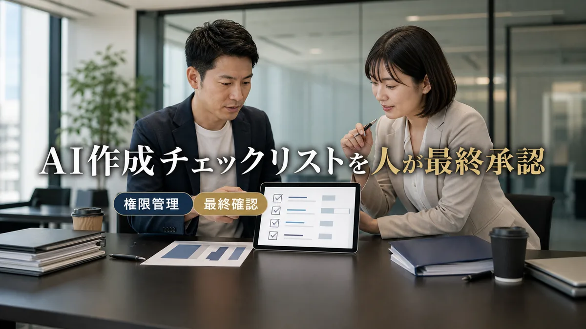 AIが作成したチェックリストをタブレットで確認しながら相談する二人の担当者