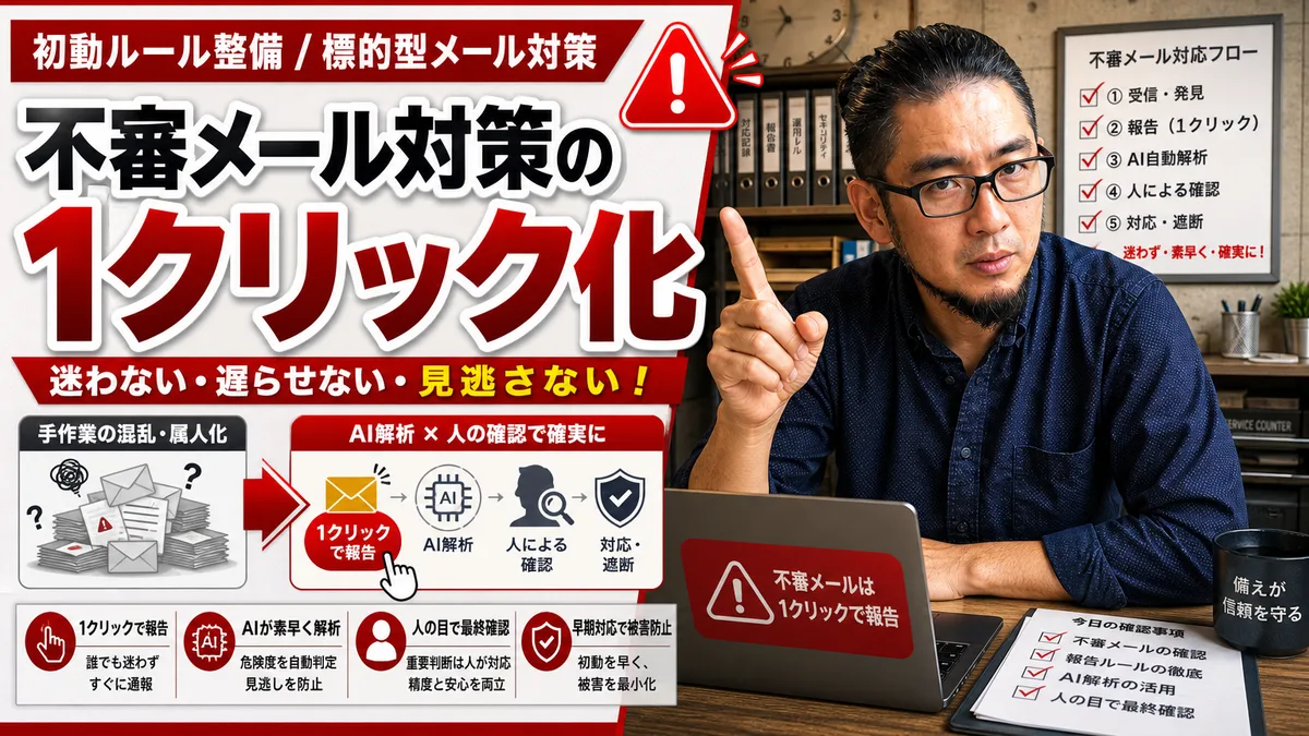不審メールの判断に迷う社員とAIを活用した迅速な報告フローを表すイラスト