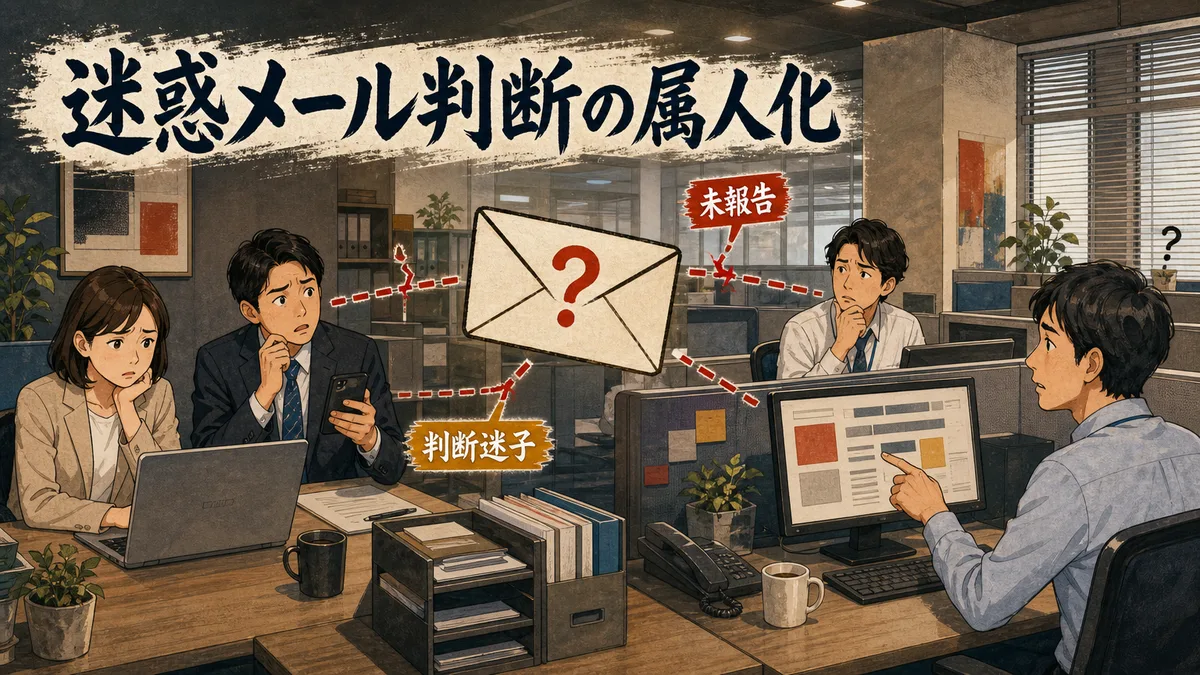不審メールの判断に迷い報告先が分からず困惑するオフィスの様子