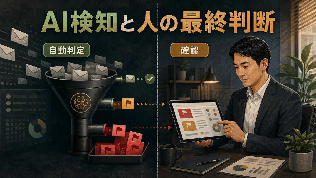 AIによる不審メール検知 and 人間による最終確認の役割分担を示すイラスト