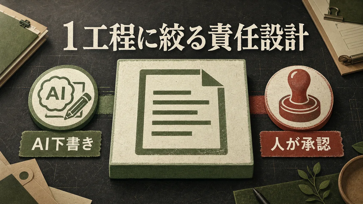 AIが下書きを作成し人間が承認する責任境界を明示した業務フローのイラスト