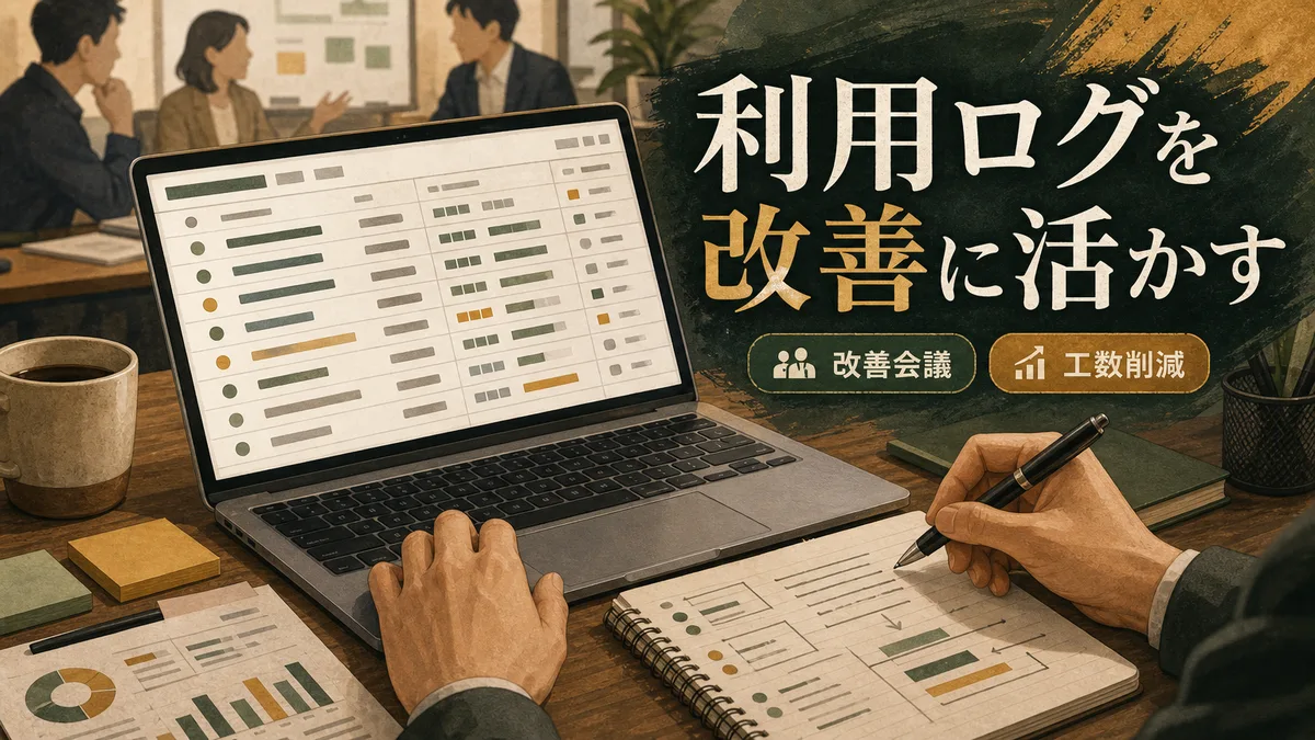 画面上の利用ログを確認しながら改善点をメモする担当者の手元のイラスト