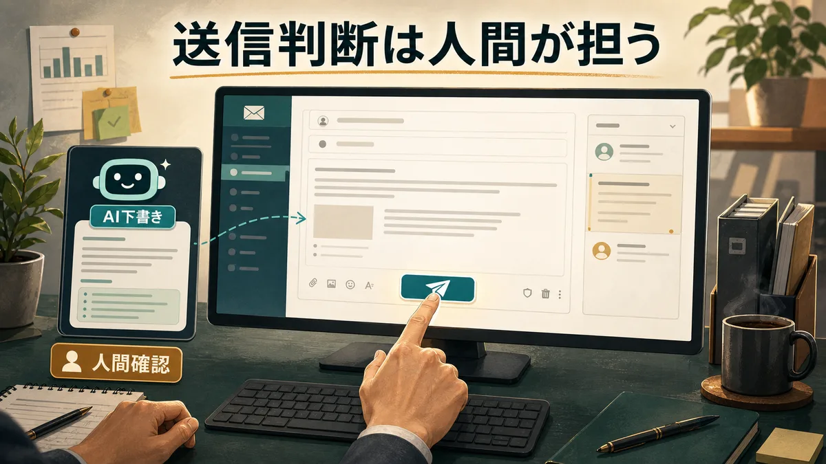 AIが作成した下書きを人間が確認して送信ボタンを押す責任境界のイラスト
