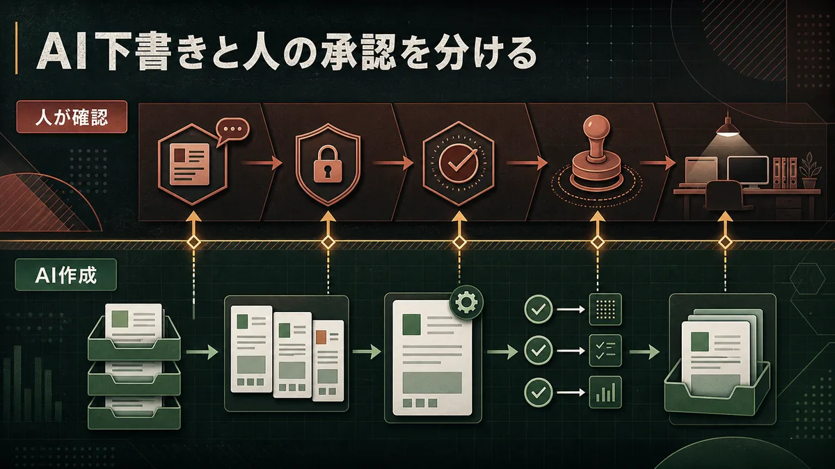 AIによる下書き作成と人間による最終承認の役割分担を示す意思決定グリッド