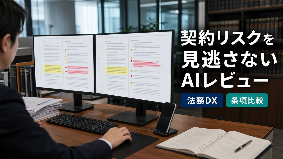 オフィスデスクで、二画面モニターを使い契約書の条項を比較確認する様子