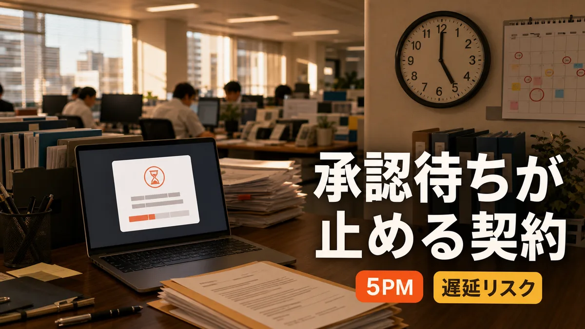 夕方のオフィスで、承認待ちの通知が表示されたパソコン画面