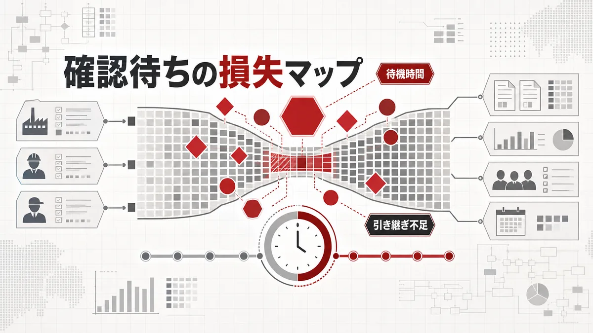現場の確認待ちや引き継ぎ不足による損失を示す課題マップ