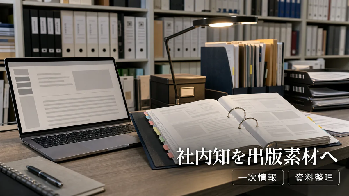 オフィスの資料棚から社内ノウハウが詰まったファイルを取り出して整理する様子