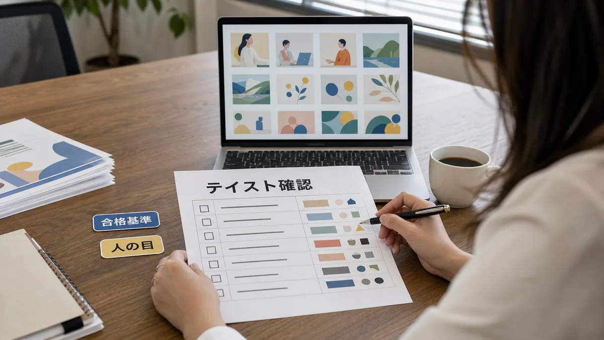 ノートPCの画面に表示された挿絵候補と印刷されたチェックリストを照合する様子