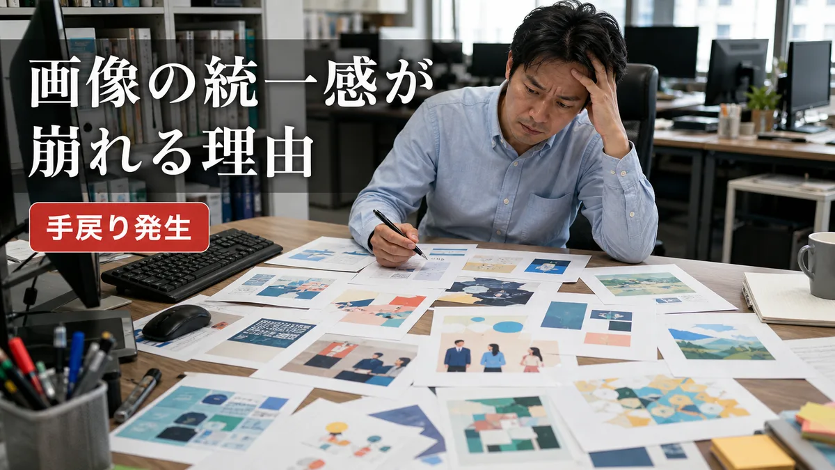 テイストが異なる複数のイラスト用紙を前にして手戻りに悩むオフィスの担当者
