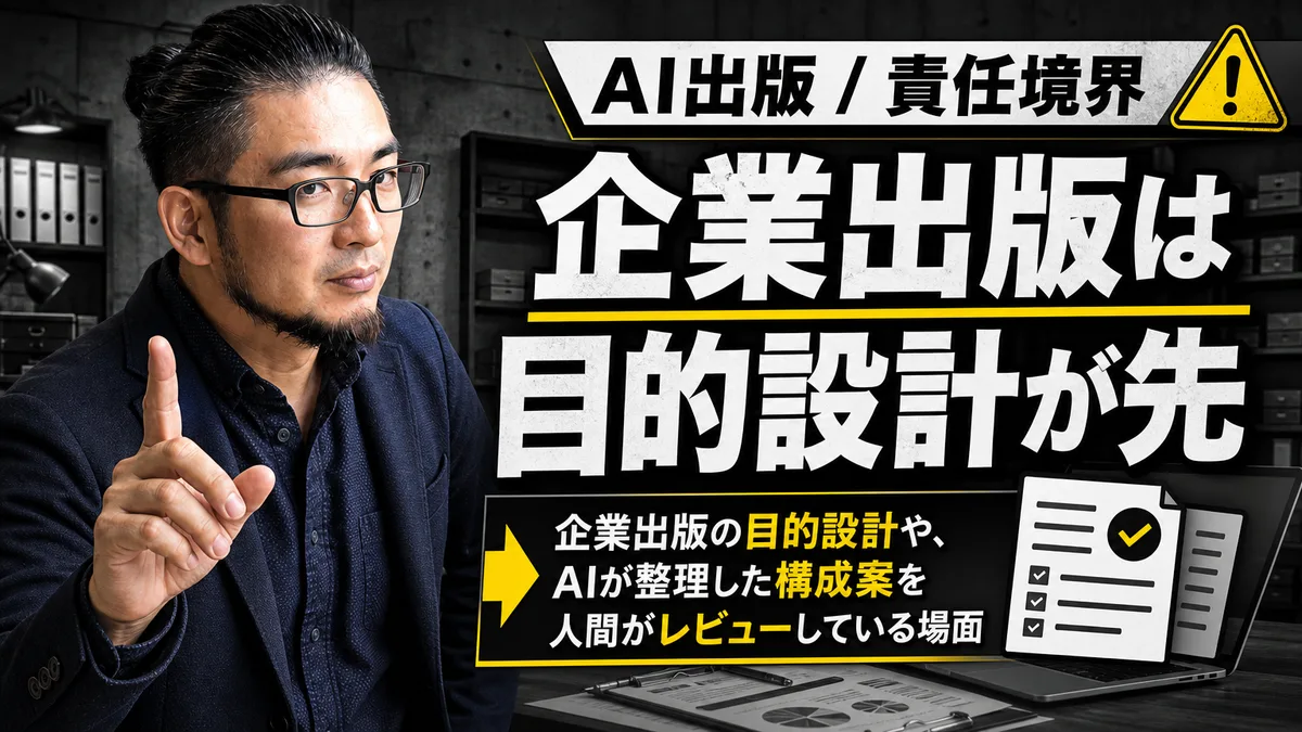 会議室で広報担当者と経営者がタブレットの書籍構成案を確認する様子